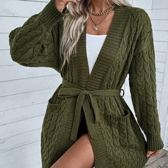 Army Green Casual Women's Solid Color Cable Knit V-Neck Cardigan - Picture 5 of 6